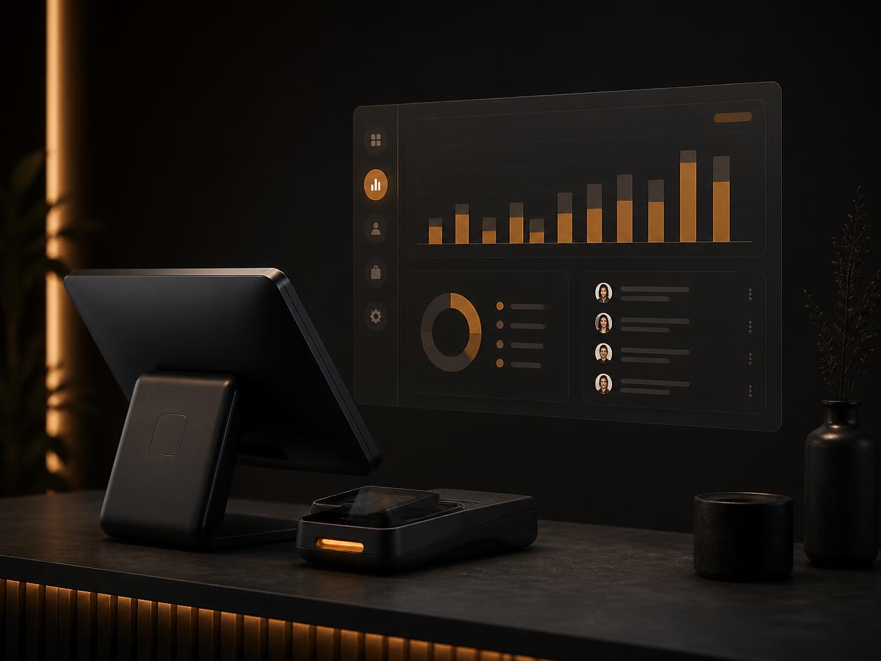 Concept visual of the 2226 One checkout terminal alongside a sales and customer dashboard