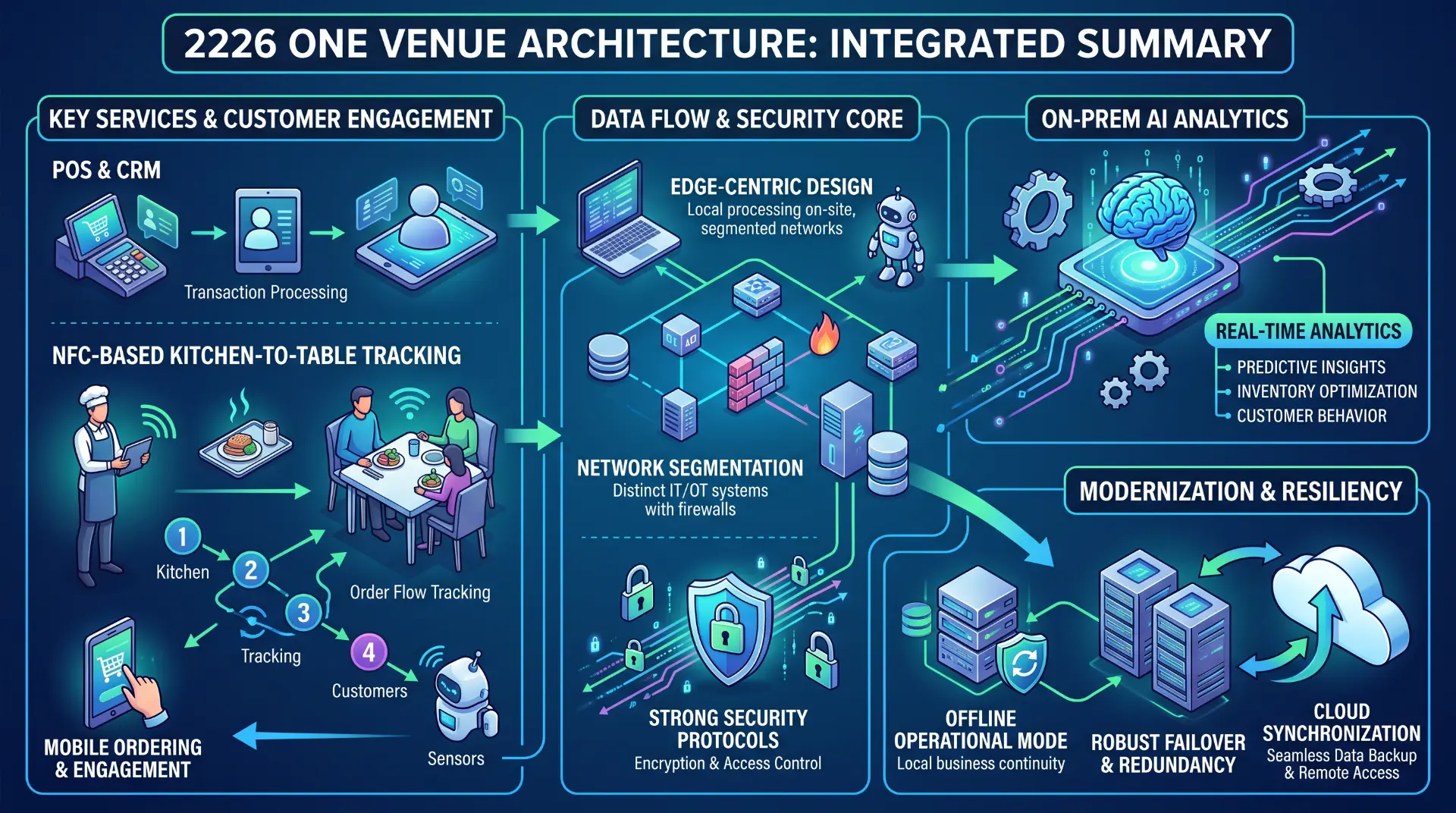 Diagram of the 2226 One venue setup: POS and CRM with NFC kitchen-to-table tracking, an edge data and security core with network segmentation, on-site AI analytics, and offline failover with cloud synchronisation